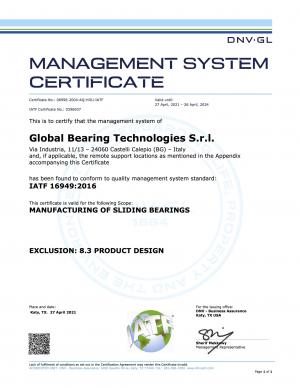 Global Bearing technologies S.r.l (Italy) IATF 16949:2016